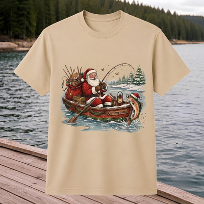 Personalized Christmas Fishing Shirt, Santa Fishing T-Shirt, Funny Fisherman Christmas Gift for Dad