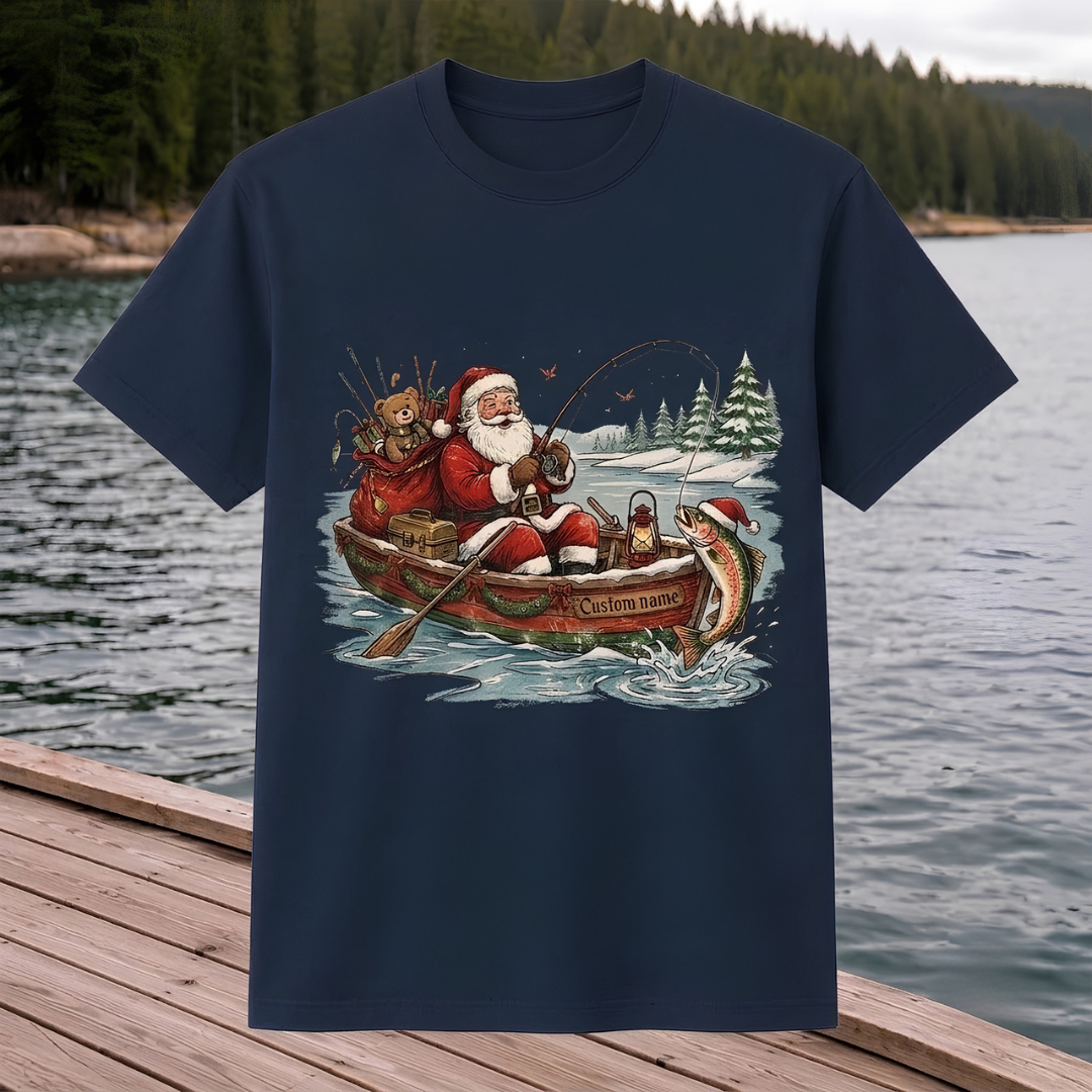 Personalized Christmas Fishing Shirt, Santa Fishing T-Shirt, Funny Fisherman Christmas Gift for Dad