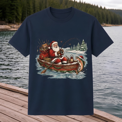 Personalized Christmas Fishing Shirt, Santa Fishing T-Shirt, Funny Fisherman Christmas Gift for Dad