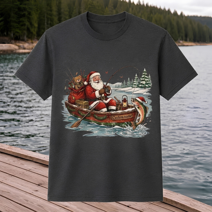 Personalized Christmas Fishing Shirt, Santa Fishing T-Shirt, Funny Fisherman Christmas Gift for Dad