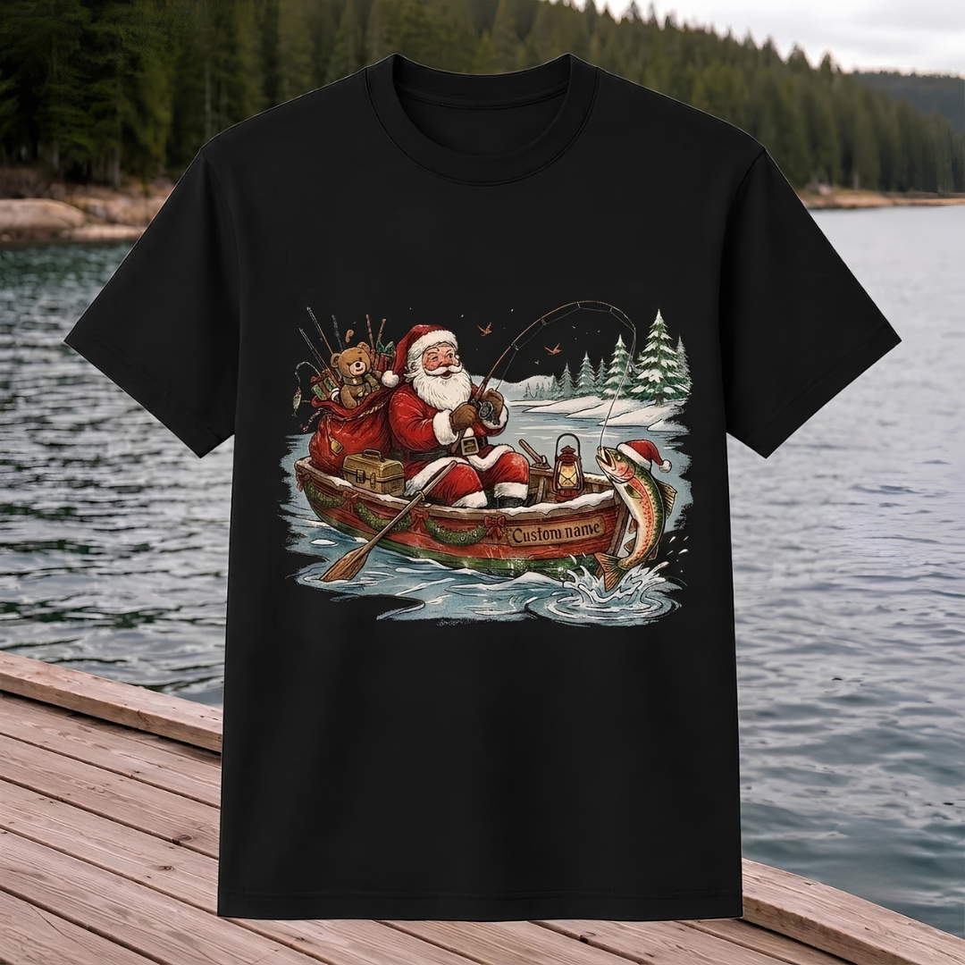 Personalized Christmas Fishing Shirt, Santa Fishing T-Shirt, Funny Fisherman Christmas Gift for Dad
