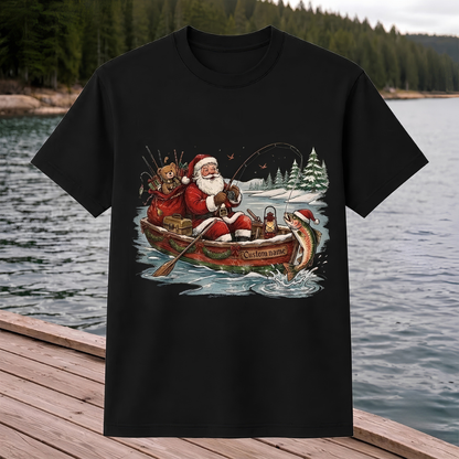 Personalized Christmas Fishing Shirt, Santa Fishing T-Shirt, Funny Fisherman Christmas Gift for Dad