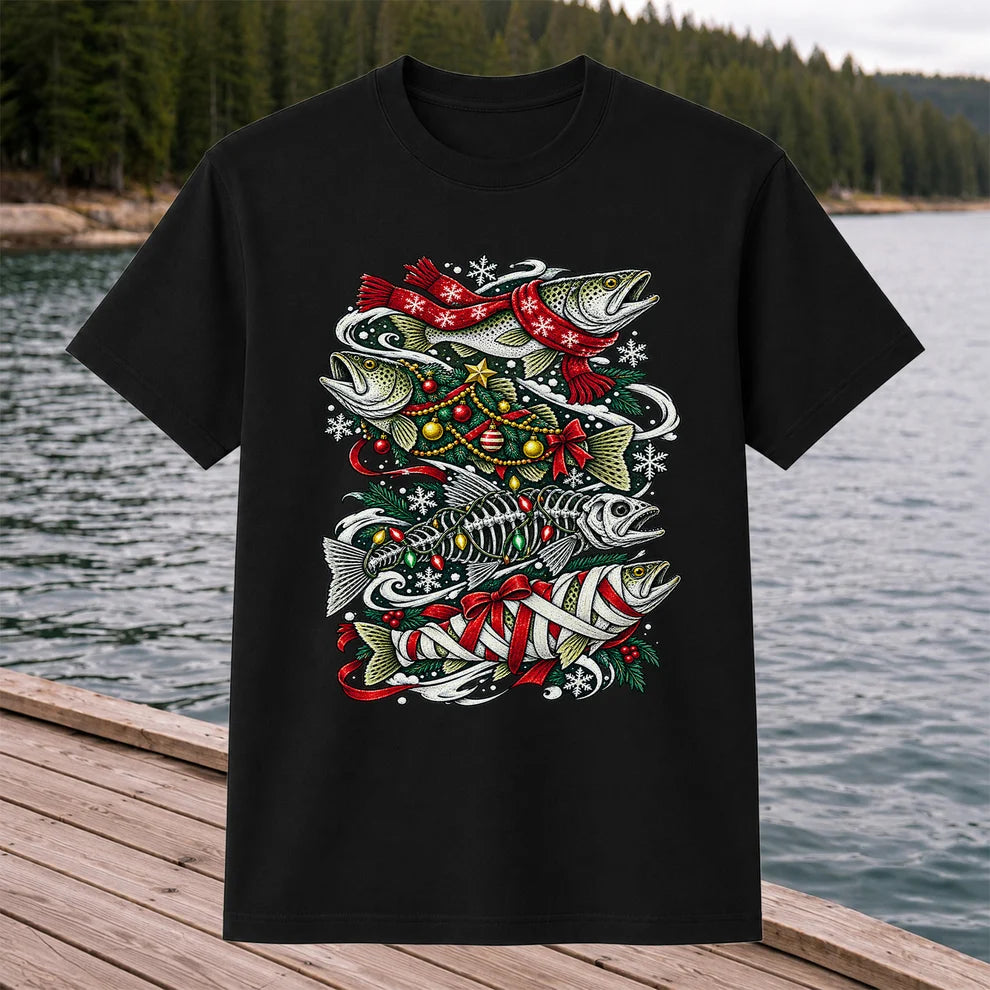 Christmas Trout and Fish Skeleton Holiday Fishing T-Shirt
