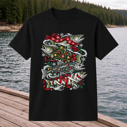 Christmas Trout and Fish Skeleton Holiday Fishing T-Shirt