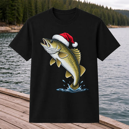 Santa Hat Walleye Christmas Fishing Graphic T-Shirt