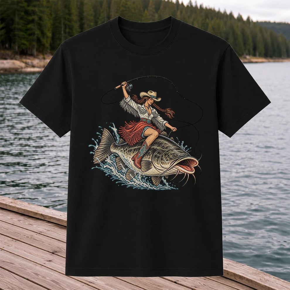 Cowgirl Riding a Largemouth Bass Fishing Graphic T-Shirt