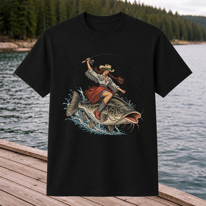 Cowgirl Riding a Largemouth Bass Fishing Graphic T-Shirt