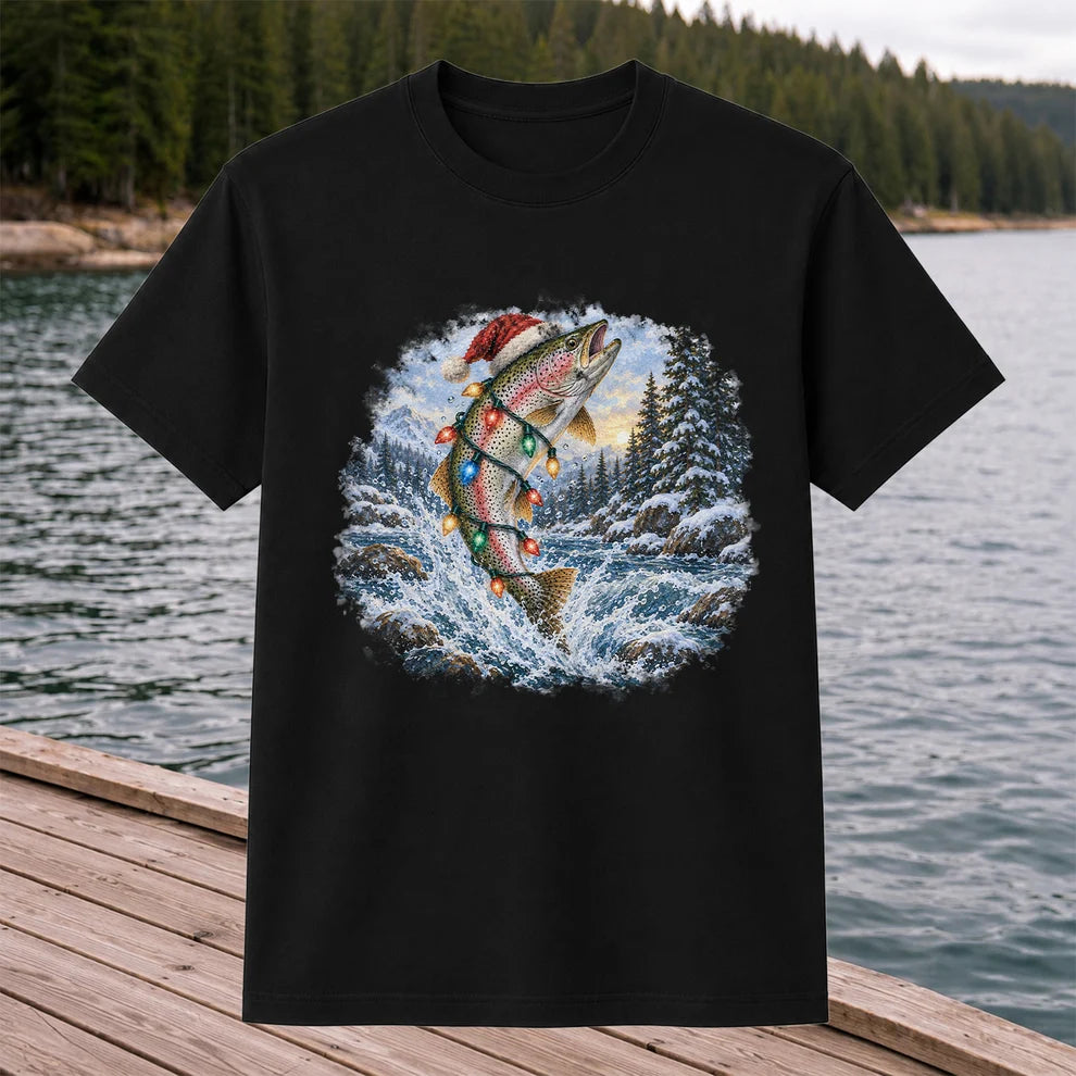 Santa Rainbow Trout with Christmas Lights Fishing T-Shirt