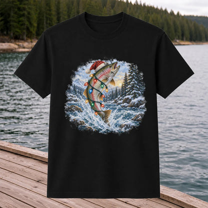 Santa Rainbow Trout with Christmas Lights Fishing T-Shirt