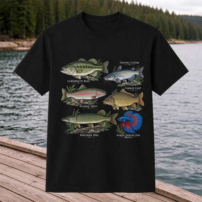 Bass Trout Catfish Carp Pike and Betta Freshwater Fish Graphic T-Shirt