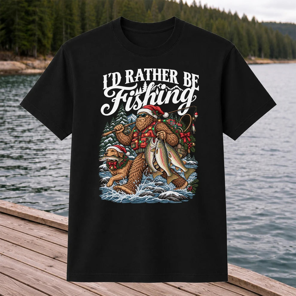 I'd Rather Be Fishing Bigfoot and Dog Christmas Fishing T-Shirt