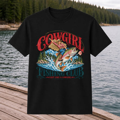 Cowgirl Riding Trout Fishing Club Graphic T-Shirt