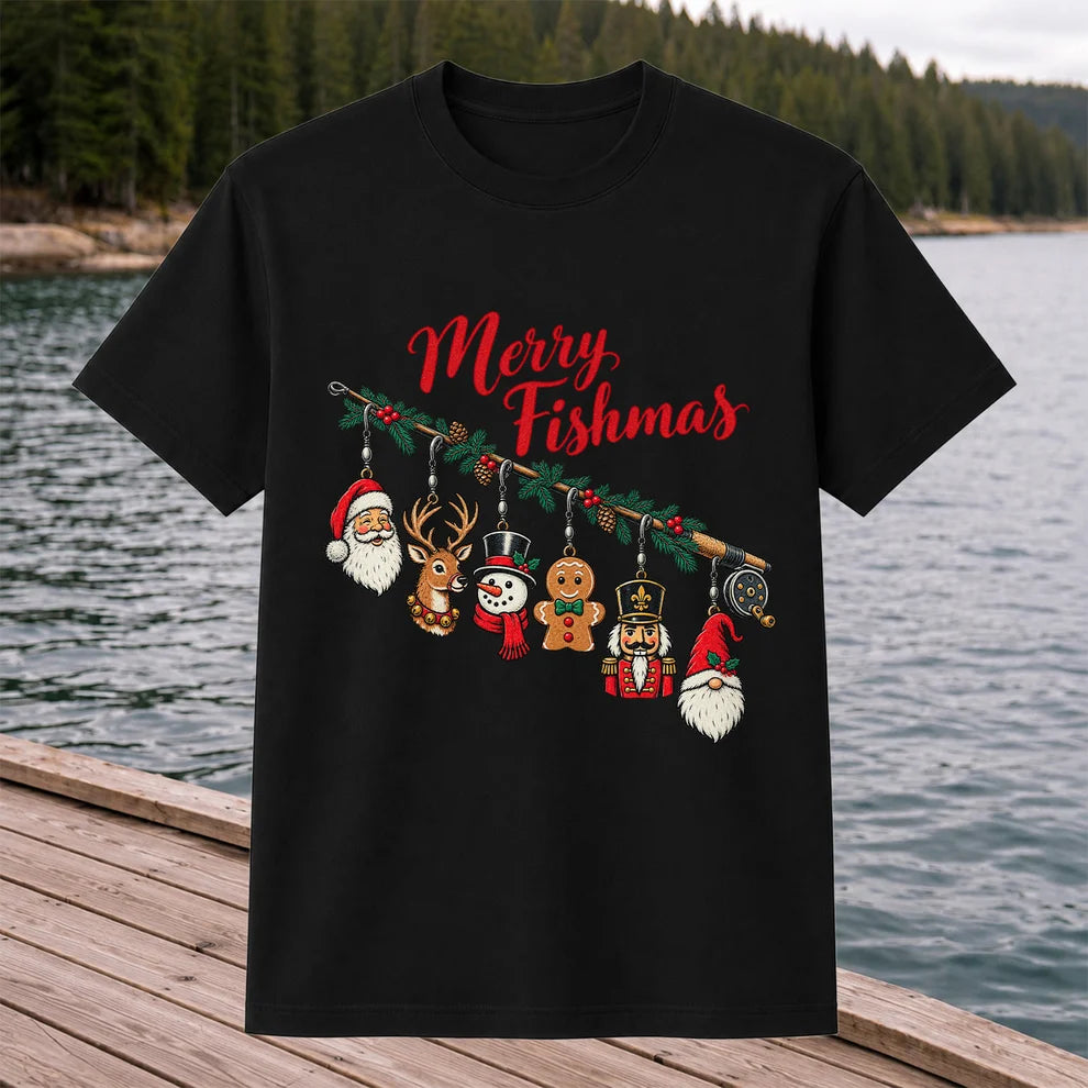 Christmas Fishing Rod Ornaments Holiday Graphic T-Shirt