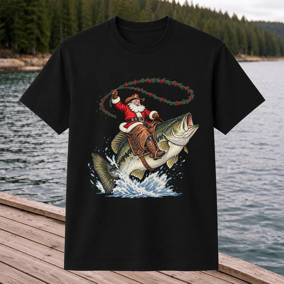 Cowboy Santa Riding a Jumping Bass Christmas Fishing Graphic T-Shirt