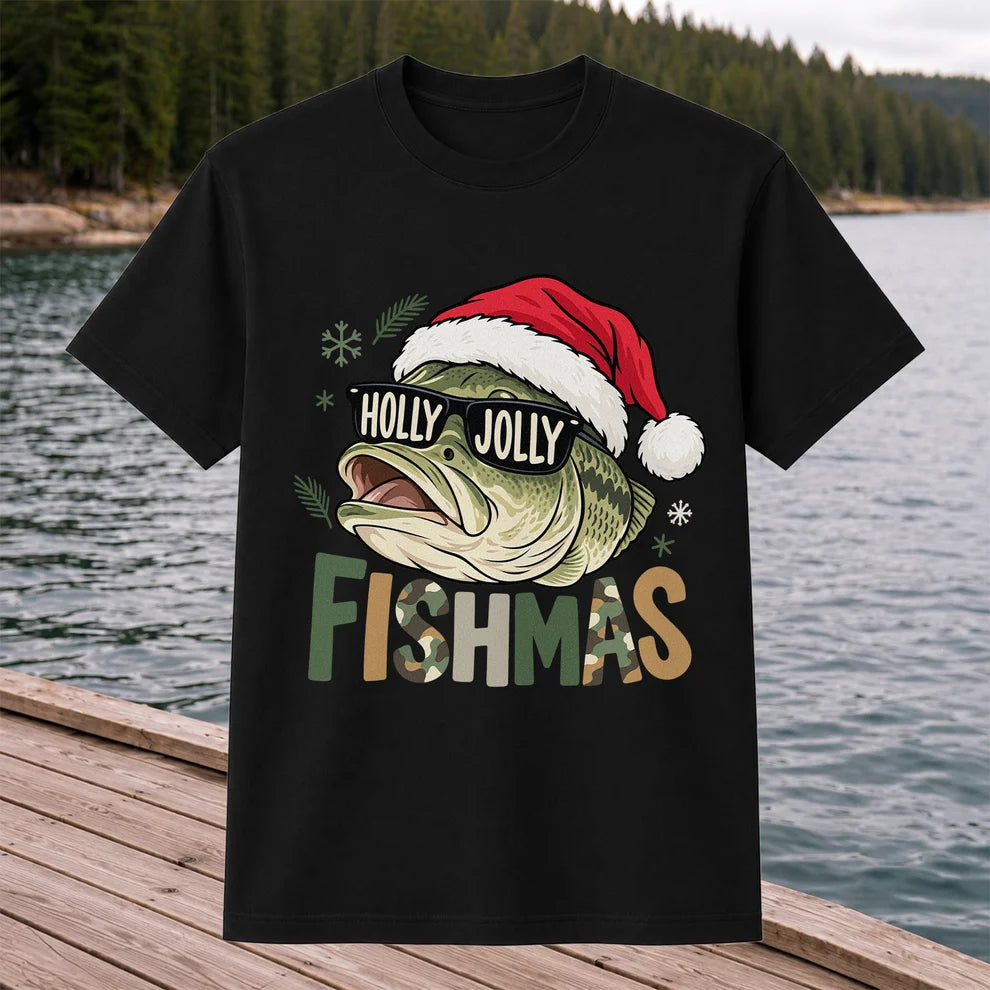 Bass Wearing Santa Hat and Holiday Glasses Fishing Graphic T-Shirt