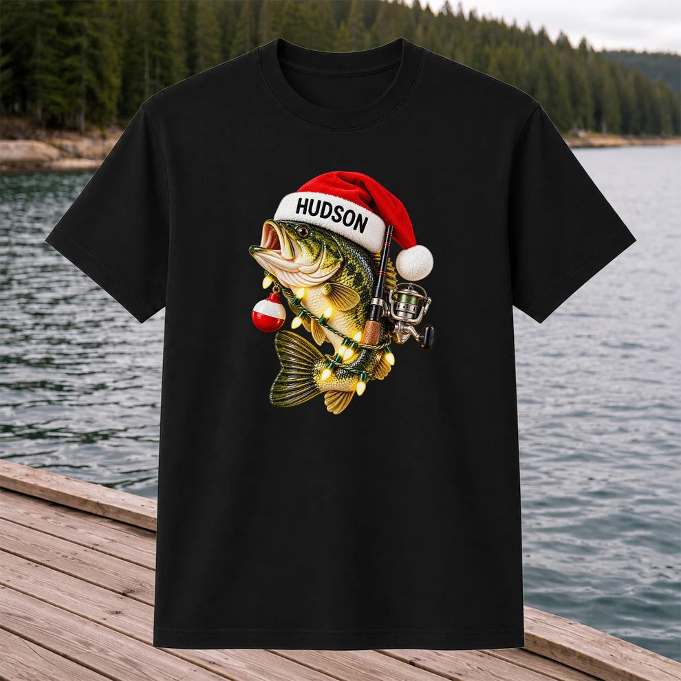 Hudson Santa Hat Bass Christmas Fishing Graphic T-Shirt