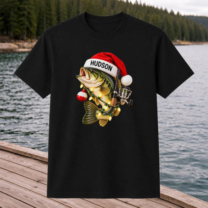 Hudson Santa Hat Bass Christmas Fishing Graphic T-Shirt