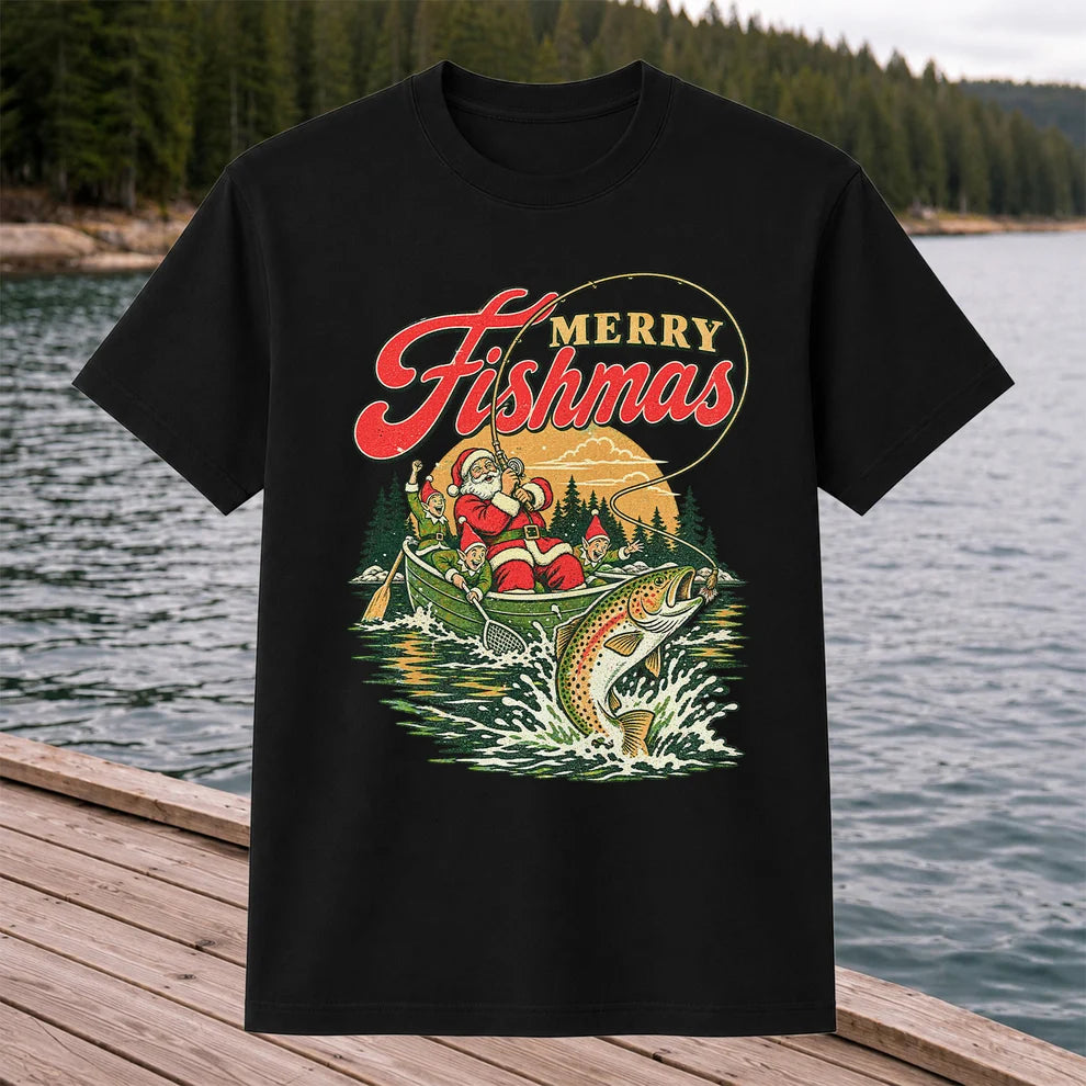 Merry Fishmas Santa and Elves Trout Fishing Christmas T-Shirt