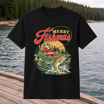 Merry Fishmas Santa and Elves Trout Fishing Christmas T-Shirt