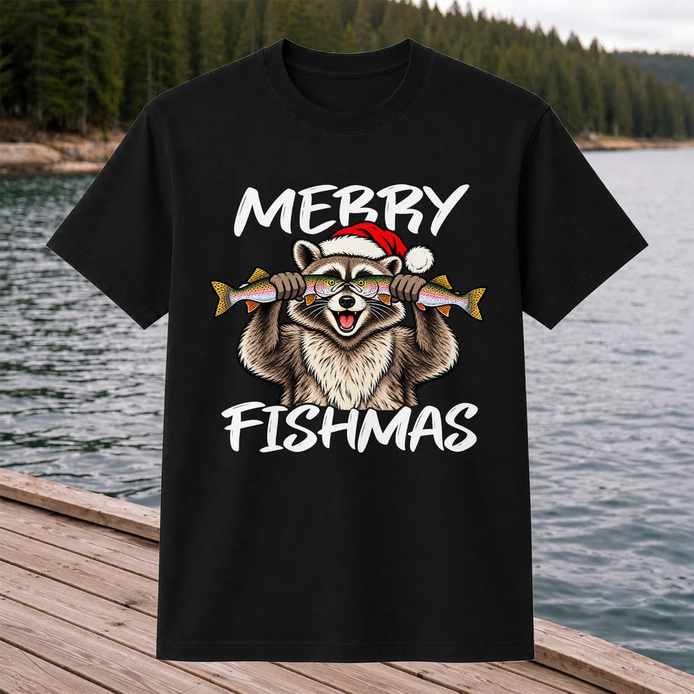 Merry Fishmas Raccoon Rainbow Trout Christmas Fishing T-Shirt