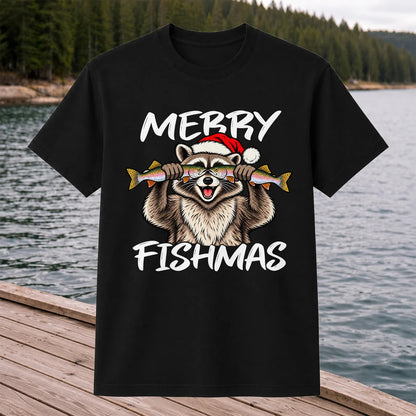 Merry Fishmas Raccoon Rainbow Trout Christmas Fishing T-Shirt