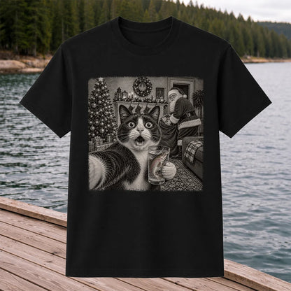 Christmas Cat Holding a Fish Mug Holiday Graphic T-Shirt