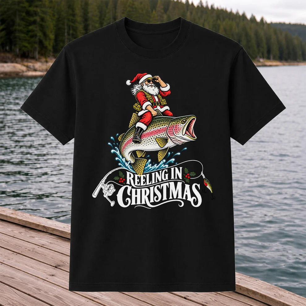 Reeling in Christmas Santa Rainbow Trout Fishing T-Shirt