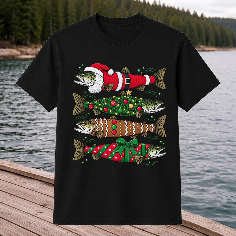Christmas Trout Santa Tree and Gift Wrap Fishing T-Shirt