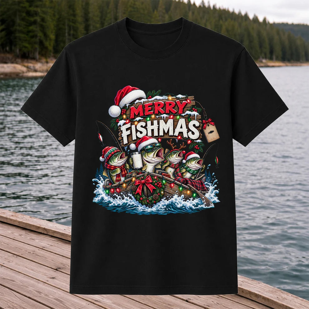 Merry Fishmas Christmas Bass in a Fishing Boat Graphic T-Shirt