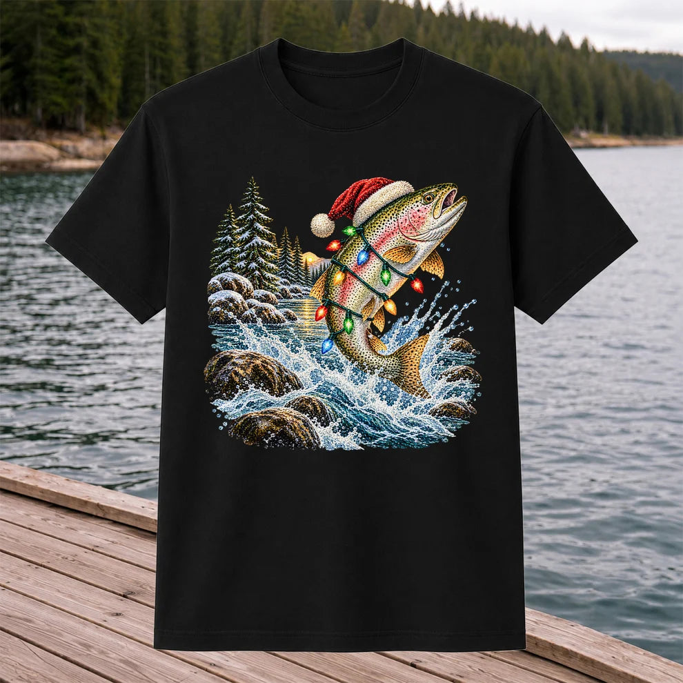 Santa Hat Rainbow Trout Christmas Fishing Graphic T-Shirt