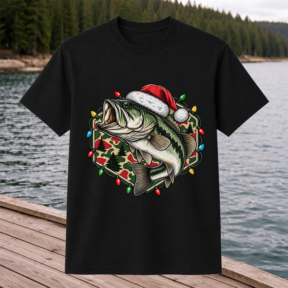 Santa Hat Largemouth Bass Christmas Fishing Graphic T-Shirt