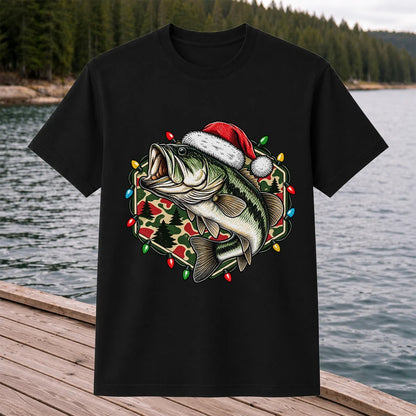 Santa Hat Largemouth Bass Christmas Fishing Graphic T-Shirt
