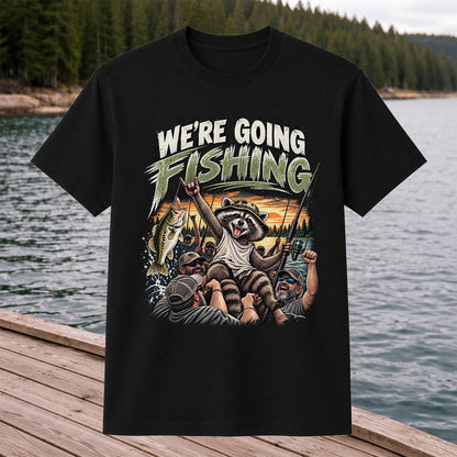We're Going Fishing Raccoon Outdoor Fishing Graphic T-Shirt
