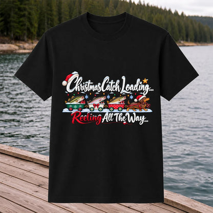 Christmas Fishing Train with Trout and Dog Graphic T-Shirt