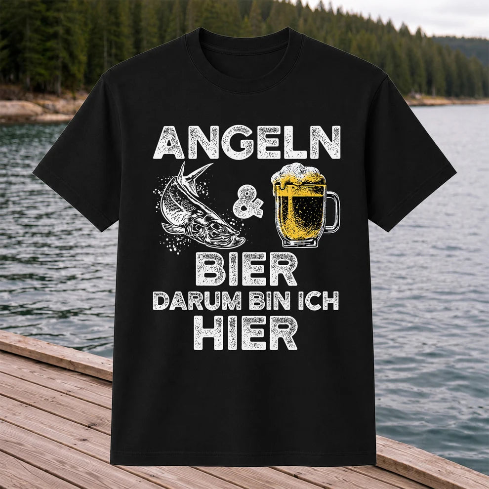 Angeln Und Bier Darum Bin Ich Hier Funny Fishing T-Shirt