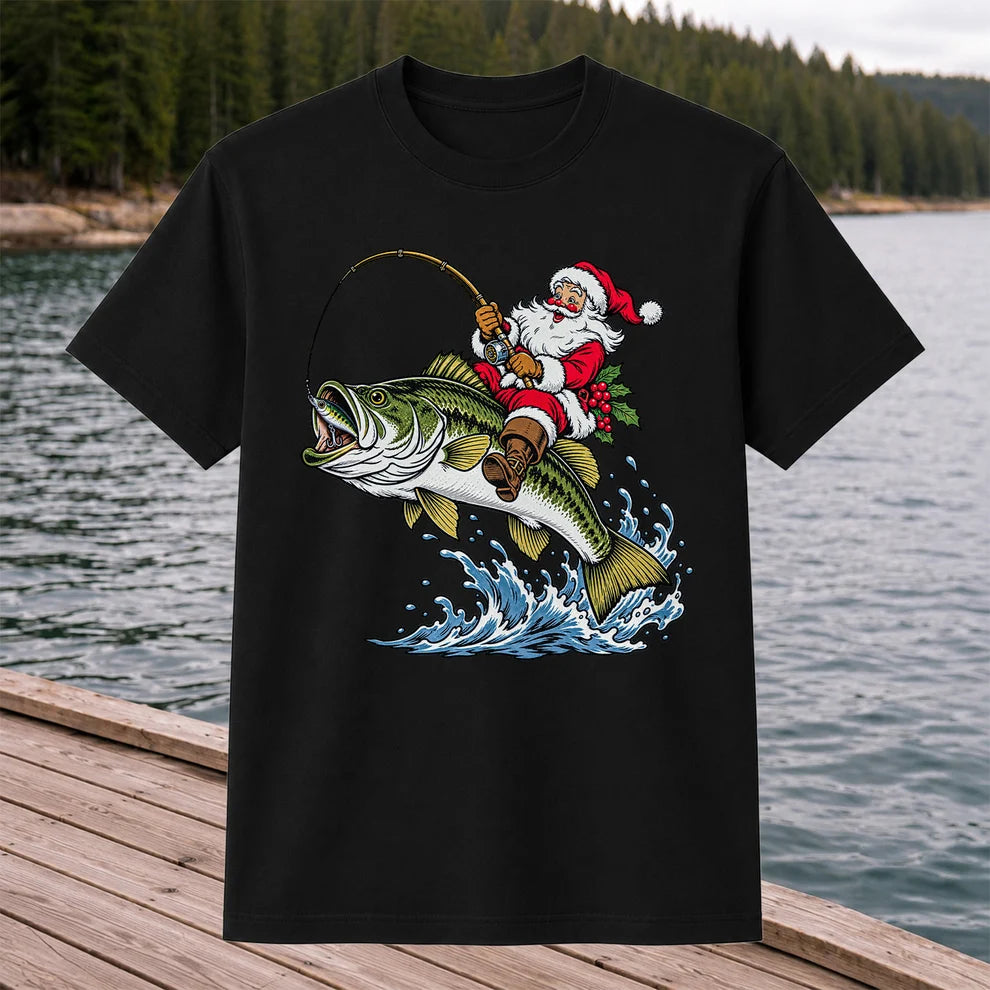Santa Claus Riding a Bass Christmas Fishing Graphic T-Shirt