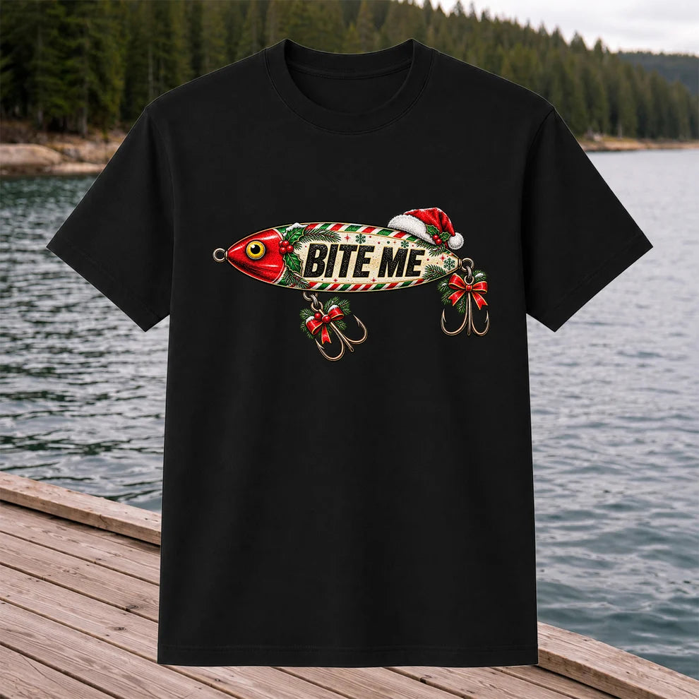 Bite Me Christmas Fishing Lure Funny Graphic T-Shirt
