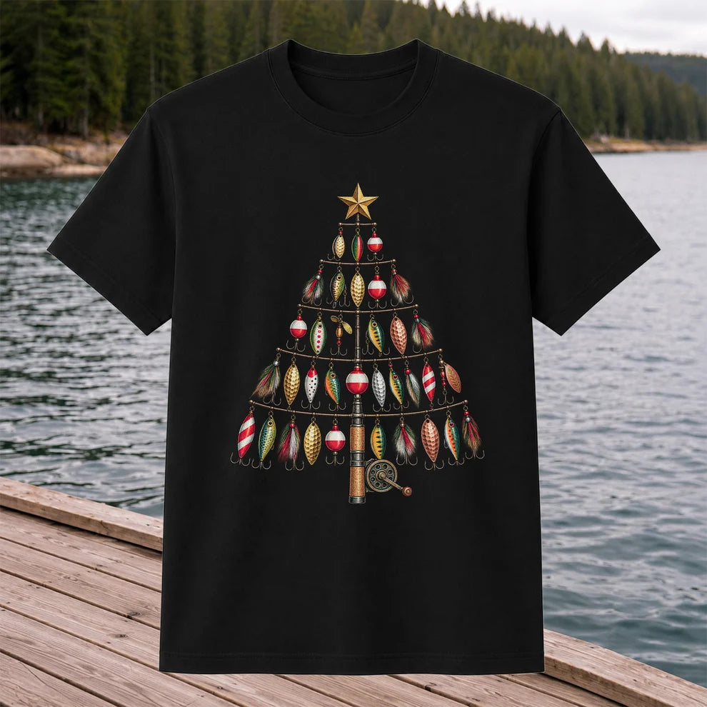 Fishing Lure Christmas Tree with Rod and Reel Graphic T-Shirt