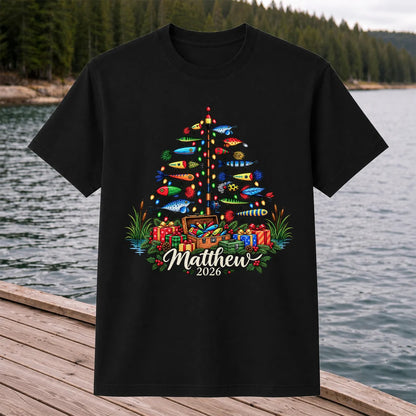 Personalized Christmas Fishing Lure Tree Name Graphic T-Shirt