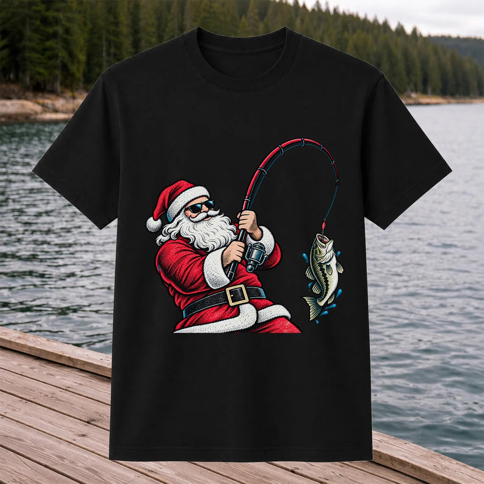 Santa Claus Catching a Bass Christmas Fishing Graphic T-Shirt