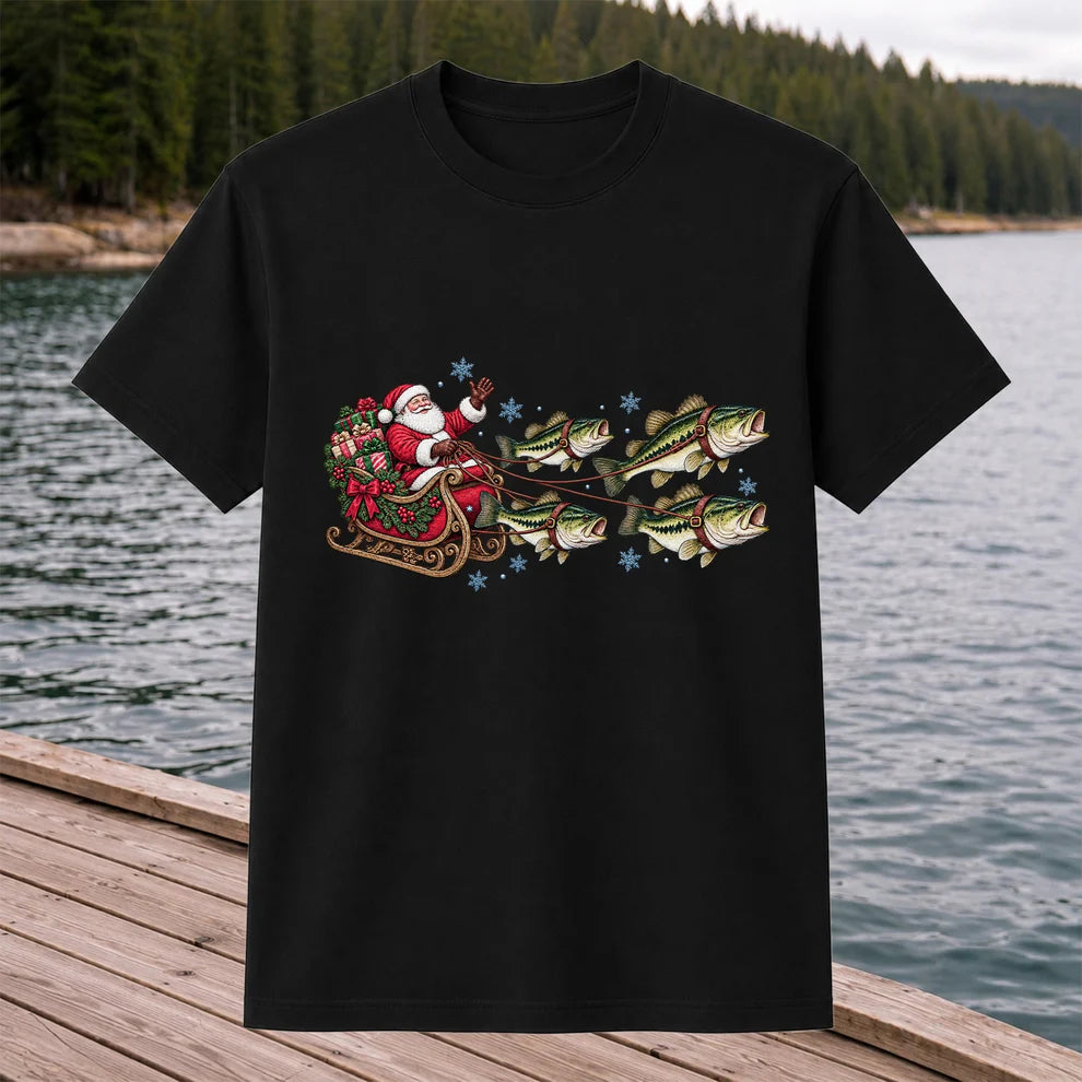 Santa in a Sleigh Pulled by Bass Christmas Fishing Graphic T-Shirt