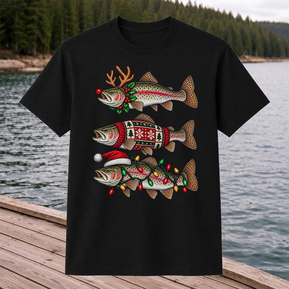 Christmas Trout Antlers Sweater and Lights Fishing T-Shirt