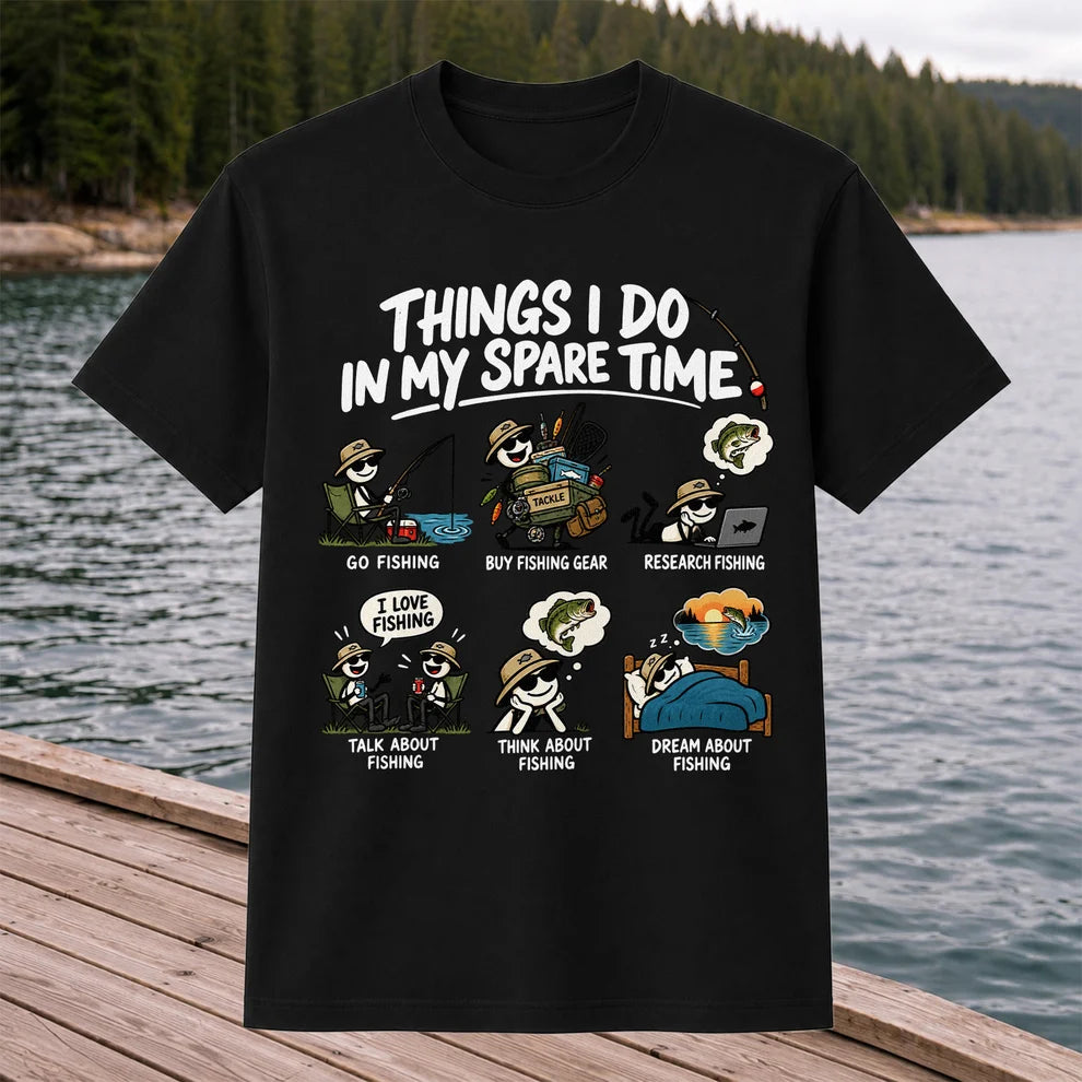 Things I Do in My Spare Time Funny Cartoon Angler Fishing T-Shirt