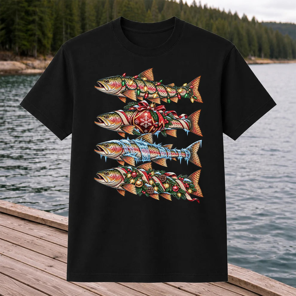 Christmas Rainbow Trout with Holiday Lights Fishing Graphic T-Shirt