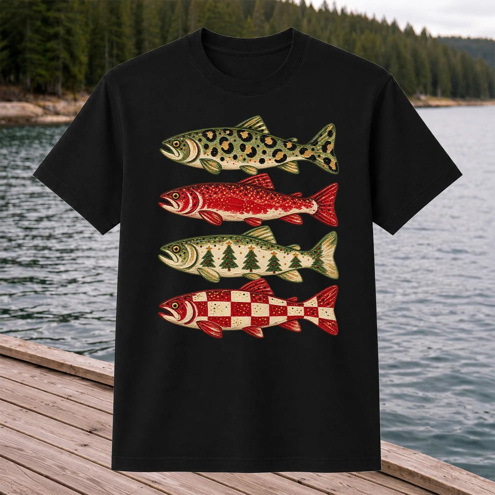 Four Seasonal Trout Patterns Christmas Fishing Graphic T-Shirt
