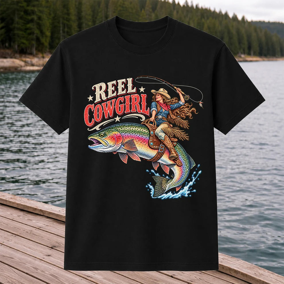 Reel Cowgirl Riding a Rainbow Trout Fly Fishing T-Shirt