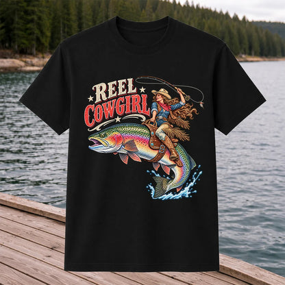 Reel Cowgirl Riding a Rainbow Trout Fly Fishing T-Shirt