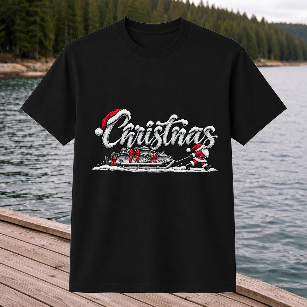 Christmas Santa Pulling Trout Fishing Sled Graphic T-Shirt