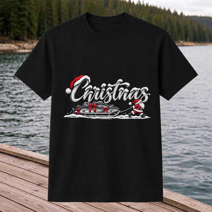 Christmas Santa Pulling Trout Fishing Sled Graphic T-Shirt