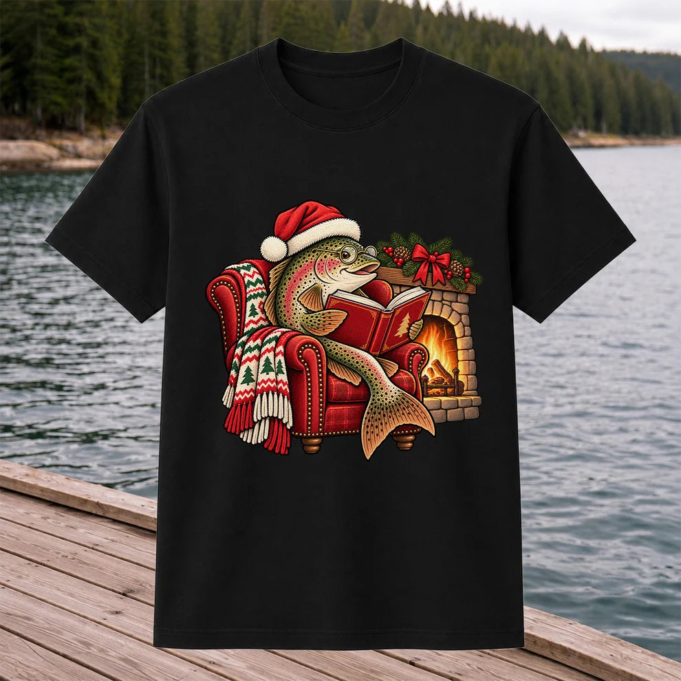 Christmas Trout Reading by the Fireplace Fishing T-Shirt